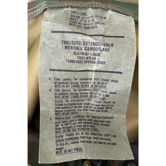 Military Tennessee Apparel Camouflage Extreme Cold Weather Trousers Small Long - Picture 8 of 12